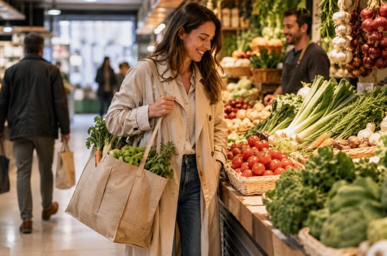 Cliente realizando la compra de frutas y verduras frescas en Mercado Barceló, en el centro de Madrid.